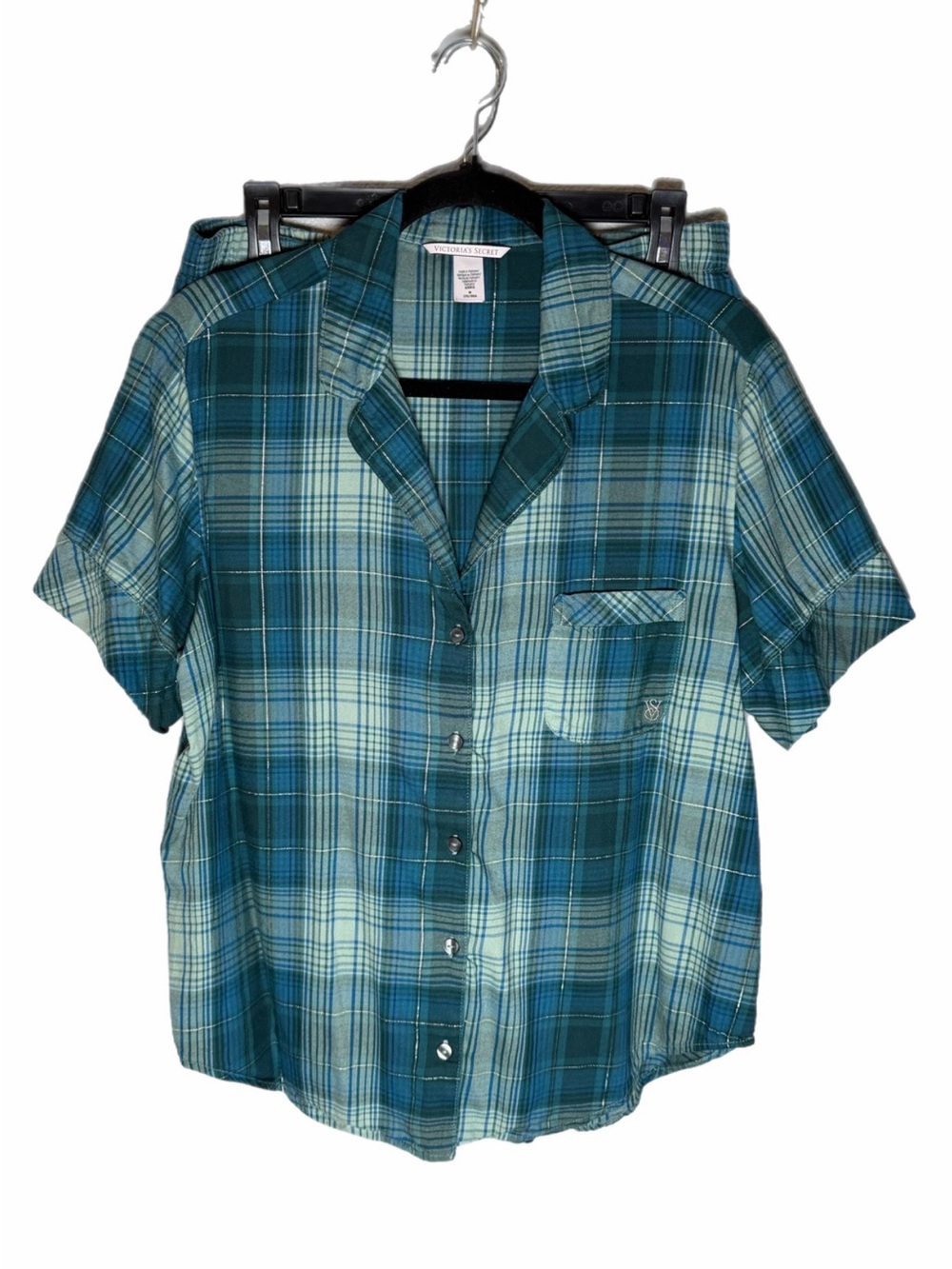 Victoria Secret Pajama Set Teal & Green Plaid Pattern Size Medium